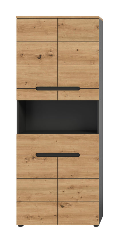 Badezimmerhochschrank mit Holzoptik-Front, schwarzen Einsatzfeldern und zwei Griffleisten