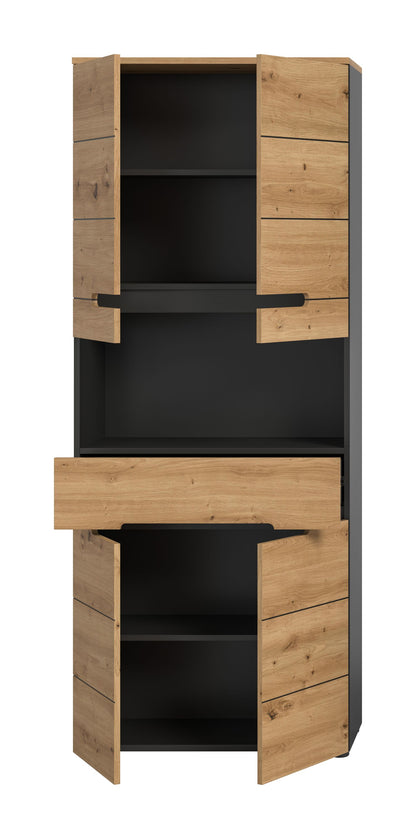 Badezimmerhochschrank mit offenen Fächern, Holzoptik-Außenseite und schwarzen Innenflächen