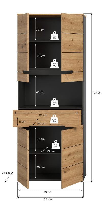 Badezimmerhochschrank mit Innenaufteilung und Maßangaben