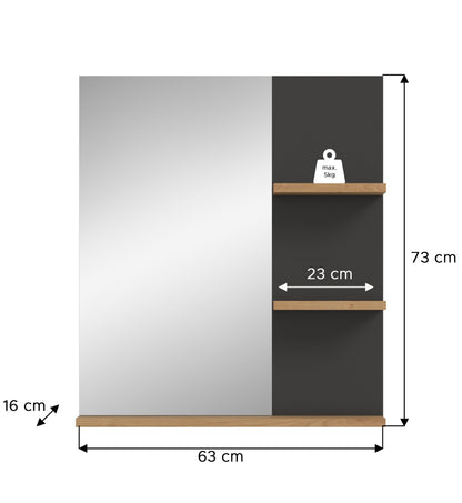 Badezimmer-Wandspiegel mit Maßangaben (63×73 cm) und Ablage 23 cm