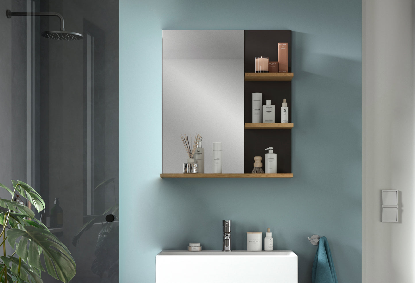 Badezimmer-Wandspiegel mit Ablagefächern im Bad, zweifarbiges Spiegelgehäuse
