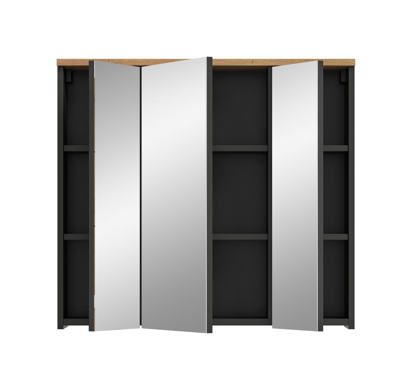 Badezimmerspiegelschrank mit 3 Spiegeltüren, geöffnet, schwarzes Innenfach