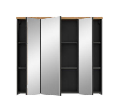 Badezimmerspiegelschrank mit 3 Spiegeltüren, geöffnet, schwarzes Innenfach