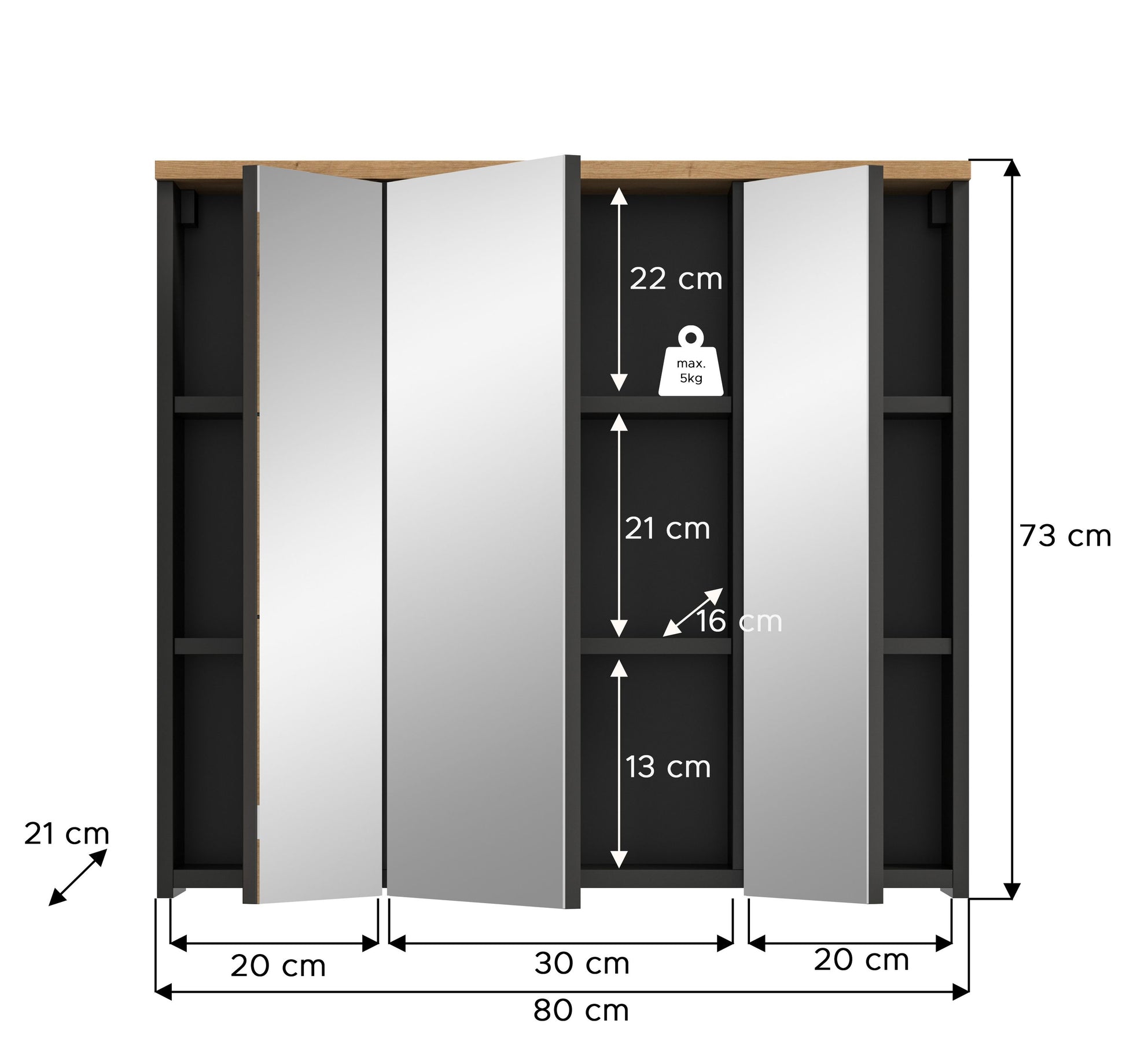 Badezimmerspiegelschrank 80 cm breit, 73 cm hoch, 3 Spiegeltüren, Innenmaße