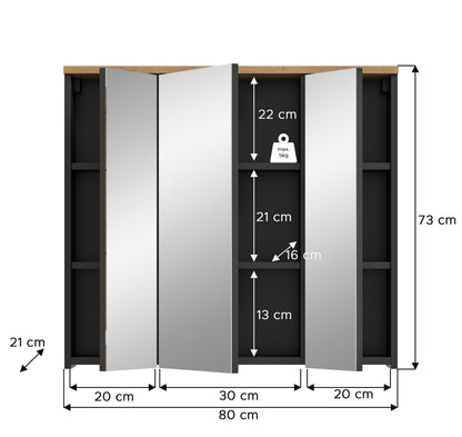 Badezimmerspiegelschrank 80 cm breit, 73 cm hoch, 3 Spiegeltüren, Innenmaße