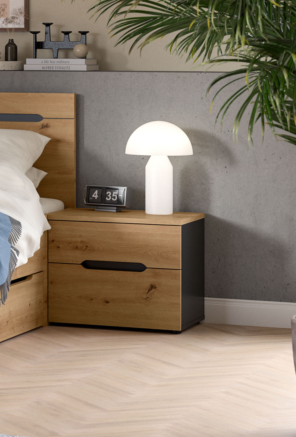 Homes & Jones Nachttisch im Eiche-Look mit schwarzem Schubfachgriff und offenen Seiten