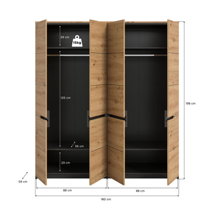 Homes & Jones Kleiderschrank 180 cm breit, Schlafzimmerschrank 4-türig