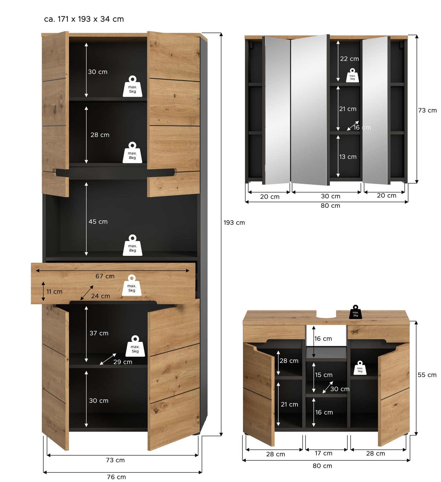 Ensemble de meubles de salle de bain 3 pièces Canu