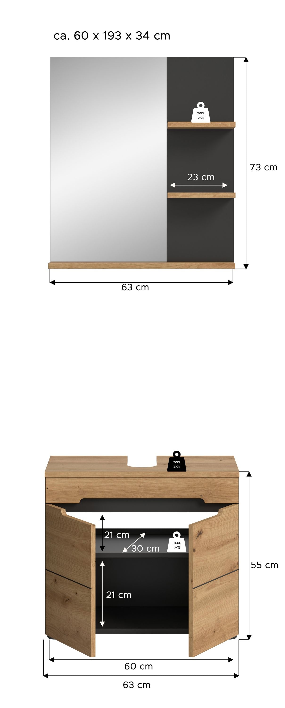 Ensemble de meubles de salle de bain Canu 2 pcs. 63x193x34 cm