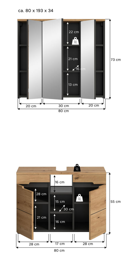Ensemble de meubles de salle de bain Canu 2 pcs 80x193x34 cm