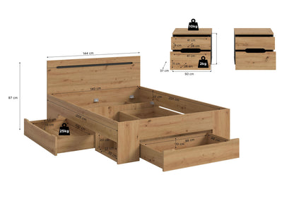 Sova Bedroom Set – Bed Frame 140x200 cm & 2 Bedside Tables