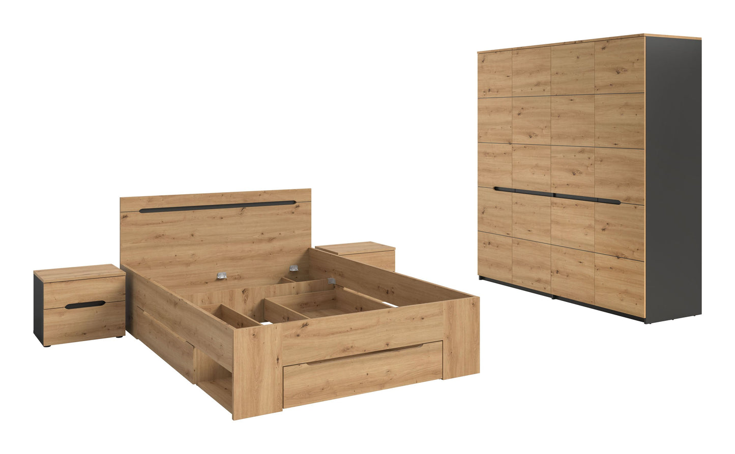 Homes & Jones Schlafzimmer-Set: Bettgestell, Schrank und zwei Nachttische in Holzoptik
