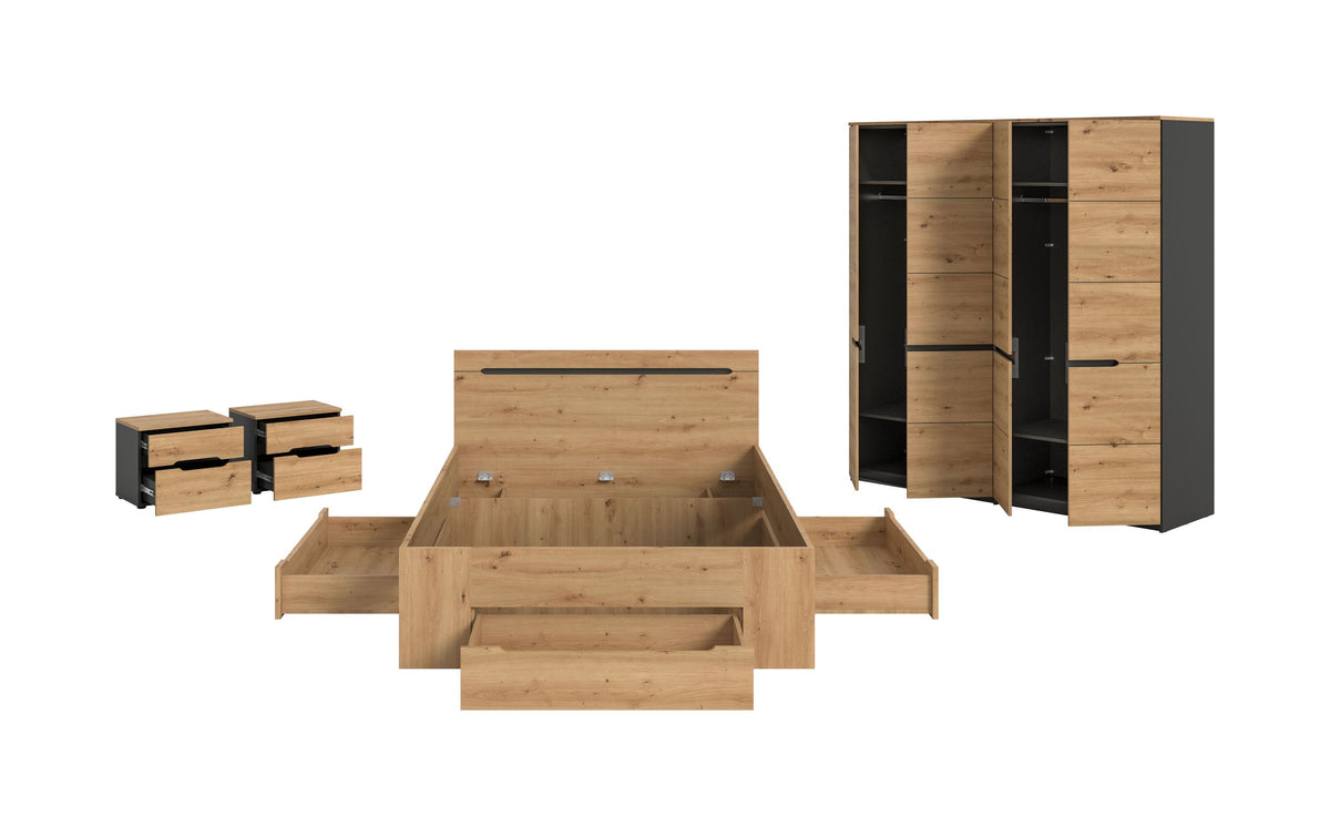 Homes & Jones Schlafzimmer-Set im Set-Look: Bett, Schrank und zwei Nachtschränke