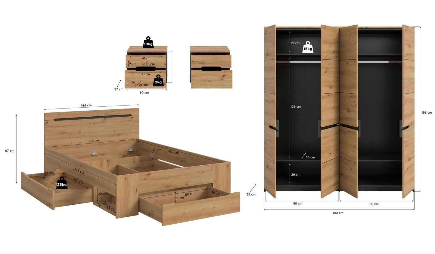 Homes & Jones Schlafzimmer-Set: Übersicht von Bett, Schrank und Seitenmöbeln mit Maßen