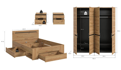 Homes & Jones Schlafzimmer-Set: Übersicht von Bett, Schrank und Seitenmöbeln mit Maßen