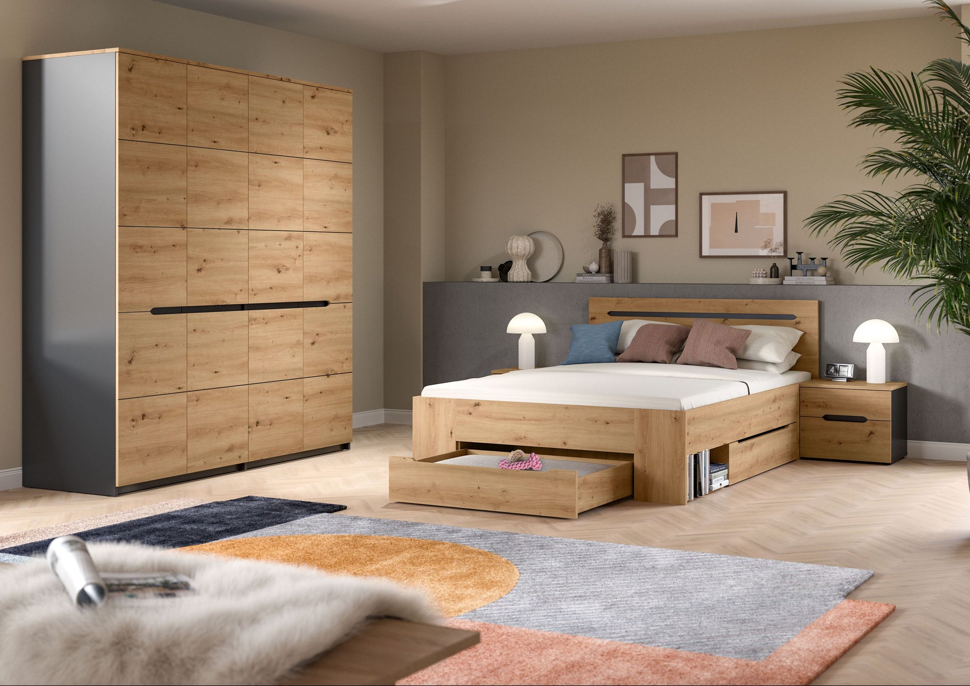 Homes & Jones Schlafzimmer-Set im Schlafzimmer: Bett, Kleiderschrank und zwei Nachtkommoden