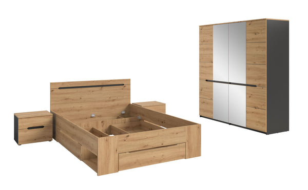 Schlafzimmer-Set Sova – Bett 140x200 mit Stauraum, 2 Nachttische & 4-türiger Kleiderschrank mit Spiegeltüren