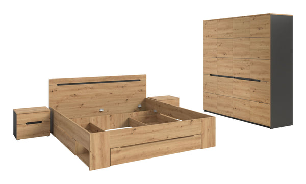 Schlafzimmer-Set Sova – Bett 180x200 mit Stauraum, 2 Nachttische & 4-türiger Kleiderschrank