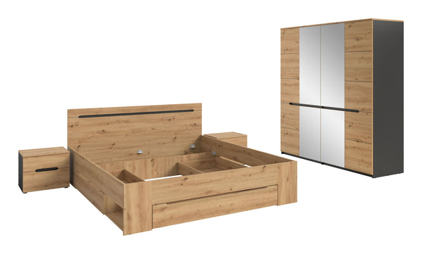 Schlafzimmer-Set Sova – Bett 180x200 mit Stauraum, 2 Nachttische & 4-türiger Kleiderschrank mit Spiegeltüren
