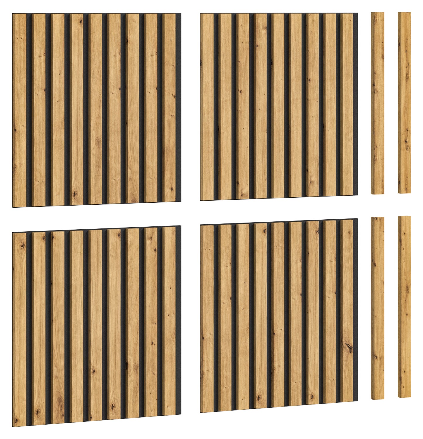 4 Akustikpaneele aus Holz mit senkrechten Lamellen, plus einzelne Leisten