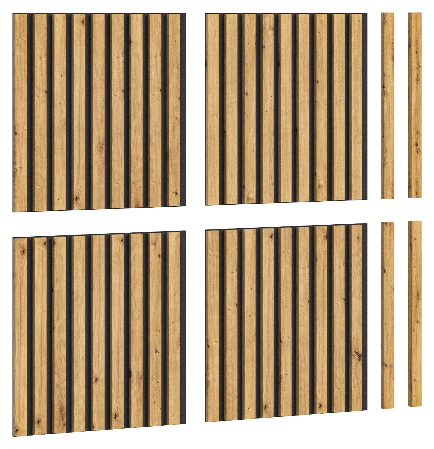 4 Akustikpaneele aus Holz mit senkrechten Lamellen, plus einzelne Leisten