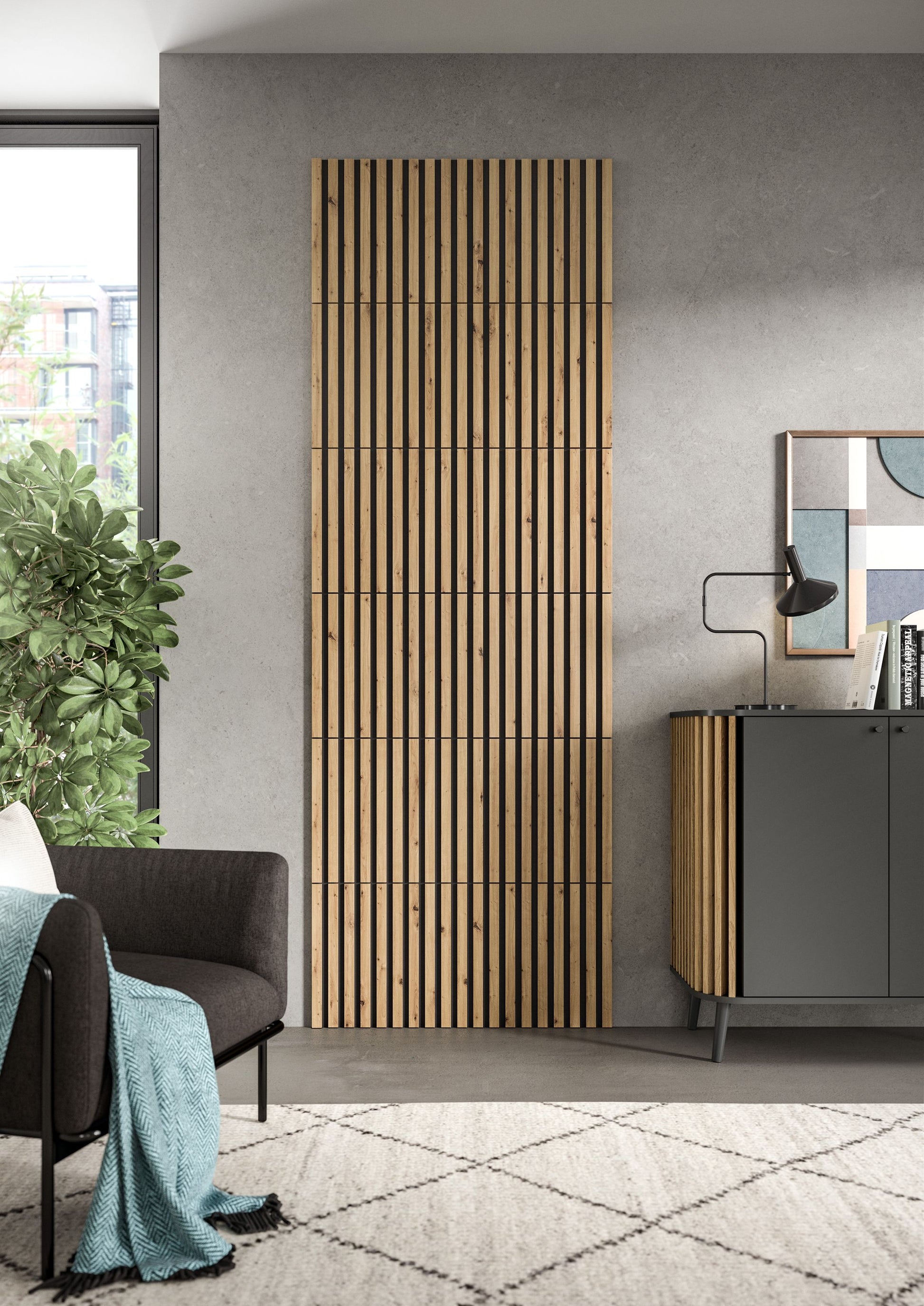 Akustikpaneel mit senkrechten Holzlamellen als Wandverkleidung im Wohnraum