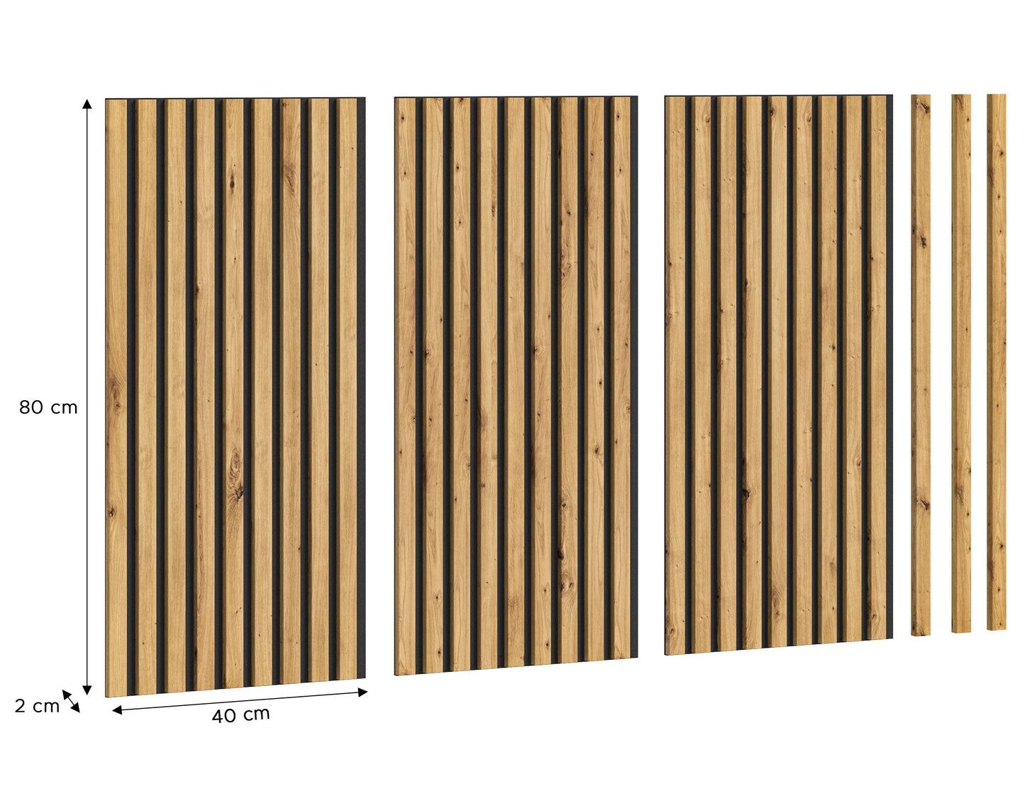 Akustikpaneel-Set mit vertikalen Holzlamellen, Maße 80 cm hoch und 40 cm breit
