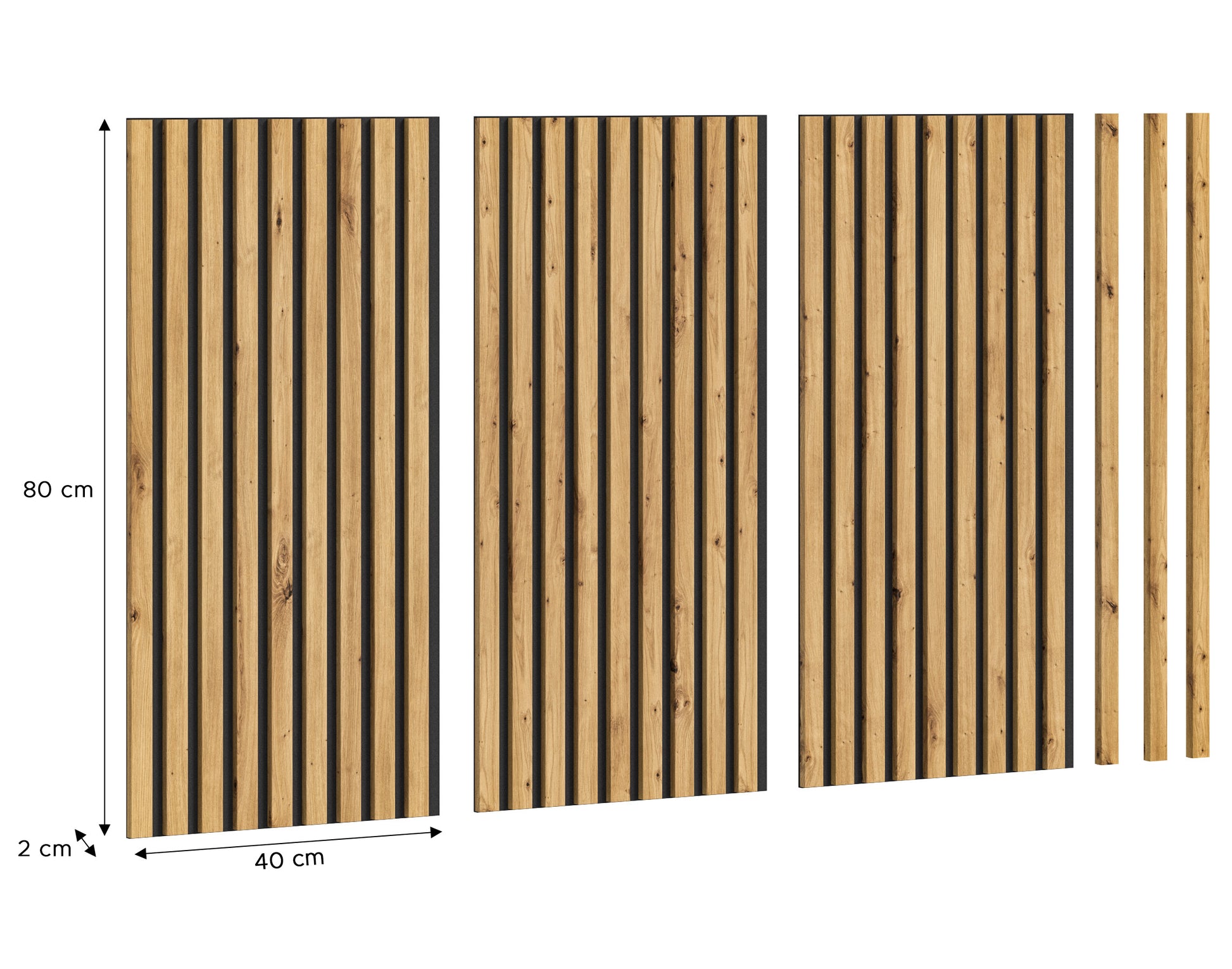 Akustikpaneel-Set mit vertikalen Holzlamellen, Maße 80 cm hoch und 40 cm breit