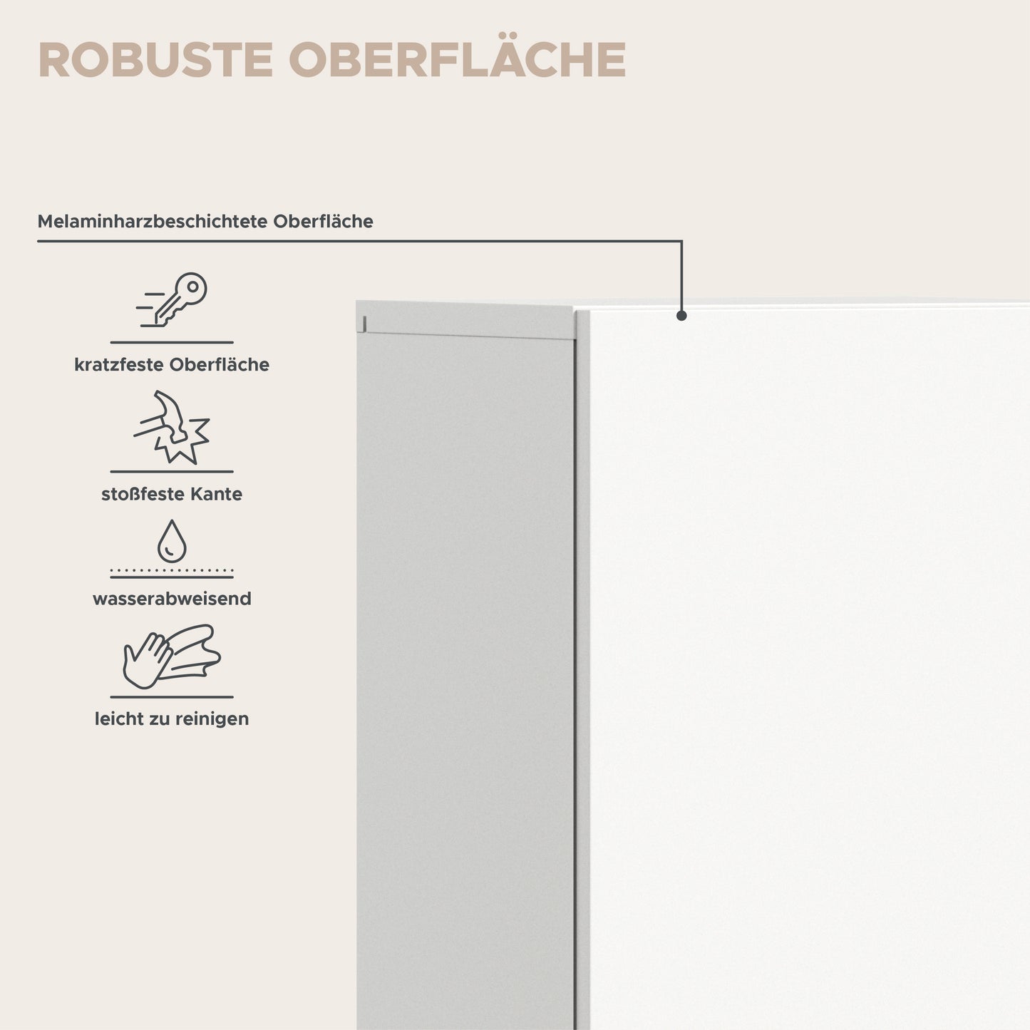 Infografik zum Badezimmerschrank: robuste Melaminharz-Oberfläche, kratzfest und wasserabweisend