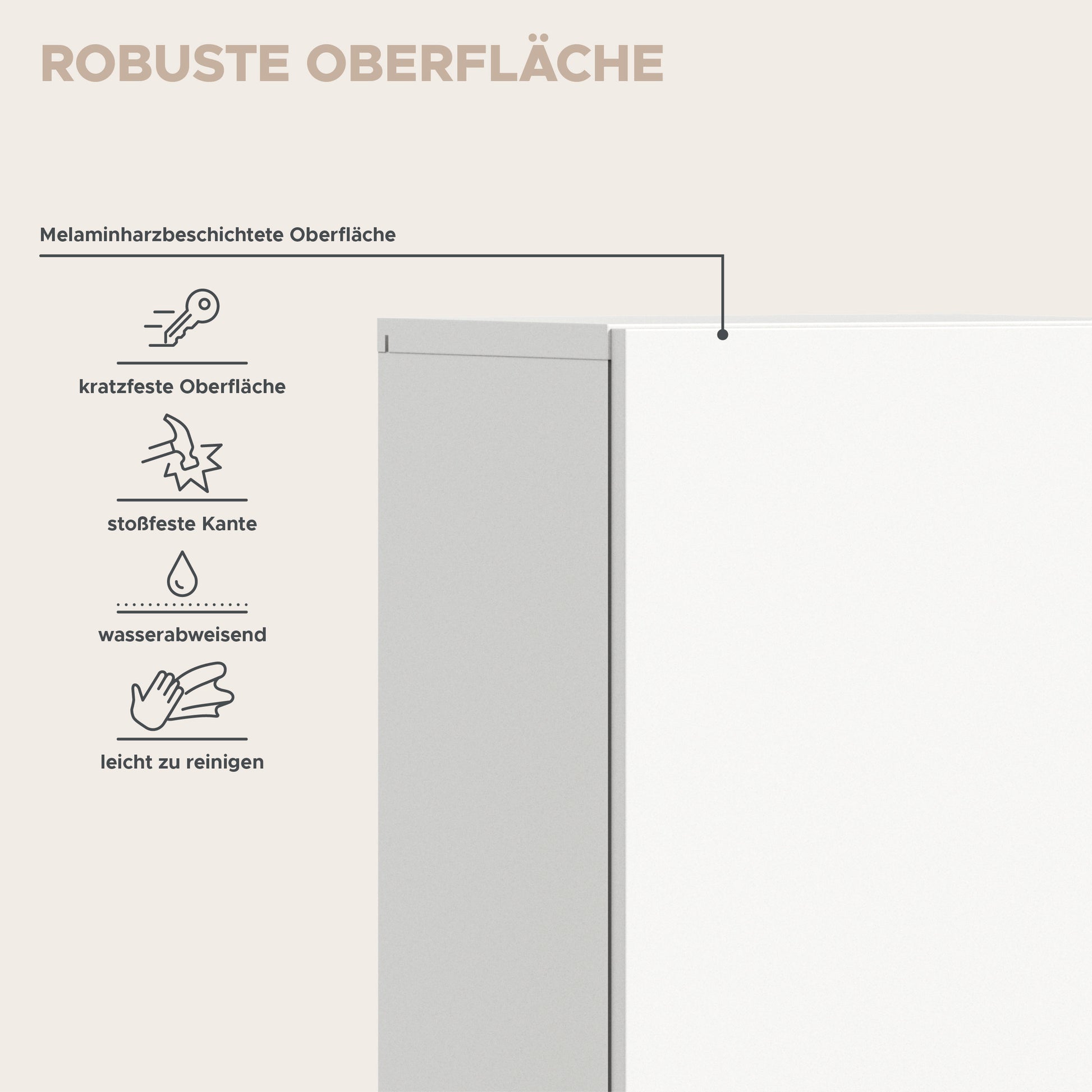 Infografik zum Badezimmerschrank: robuste Melaminharz-Oberfläche, kratzfest und wasserabweisend