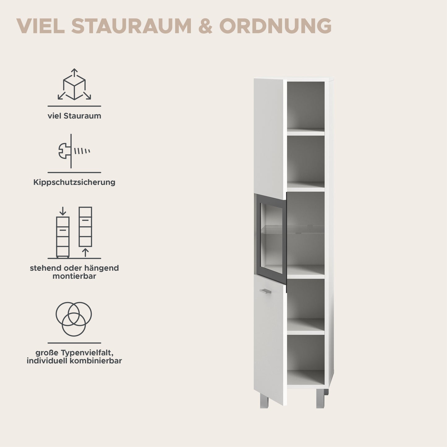 Infografik zum Badezimmerschrank: stehend oder hängend montierbar, großes Stauraum-Layout