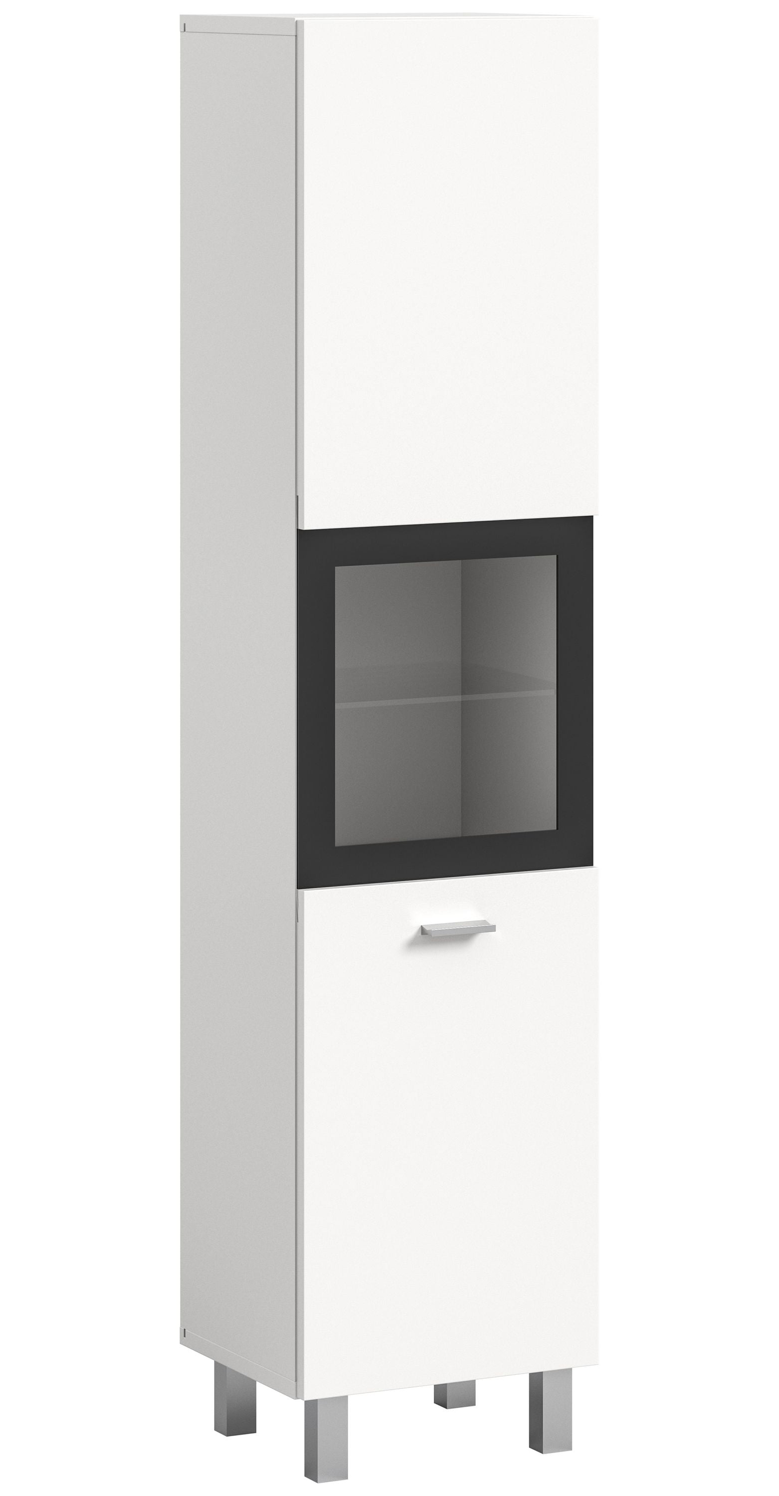 Weißer Badezimmerschrank mit Glaseinsatz, Griffmulde und stabilen Sockelfüßen