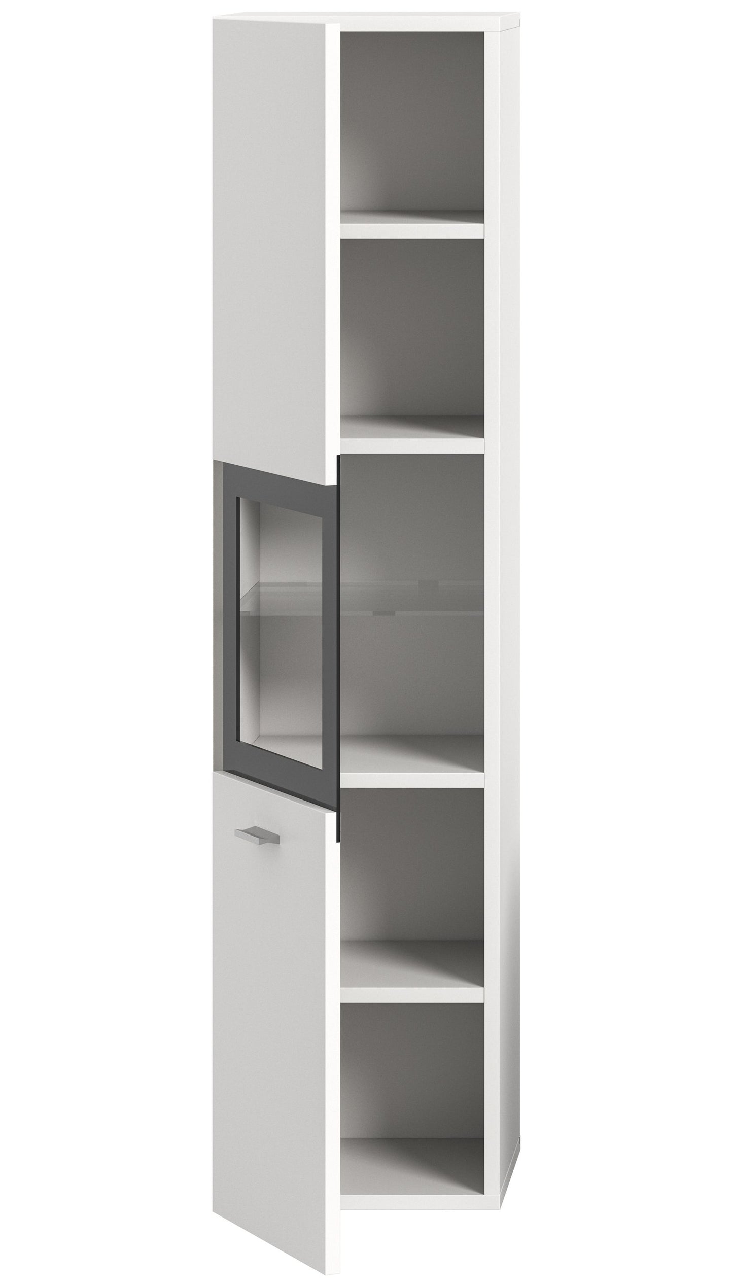 Weißer Badezimmerschrank mit offenen Fächern, Schublade und Türen, innen grau