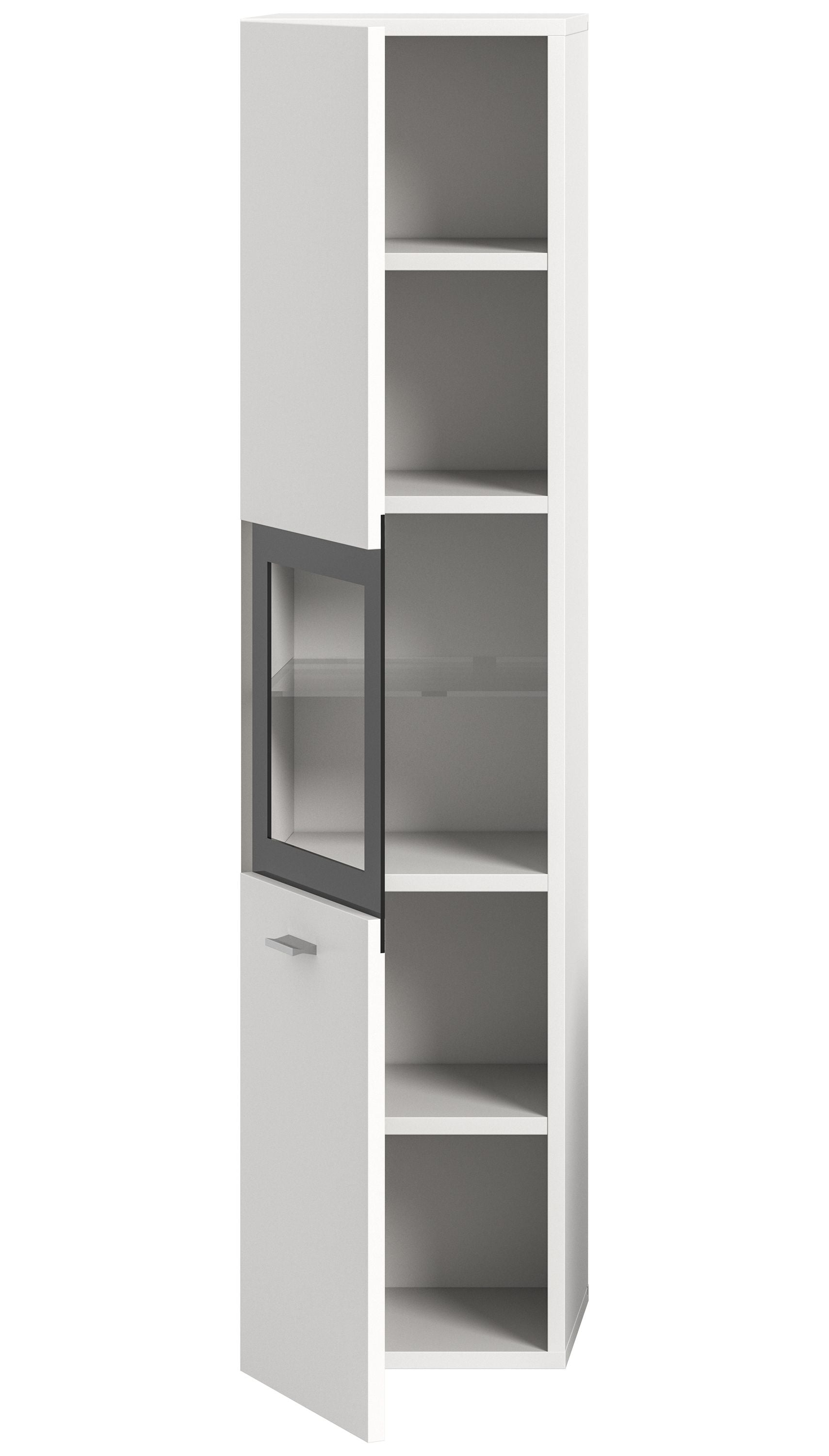 Weißer Badezimmerschrank mit offenen Fächern, Schublade und Türen, innen grau