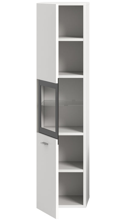 Weißer Badezimmerschrank mit offenen Fächern, Schublade und Türen, innen grau