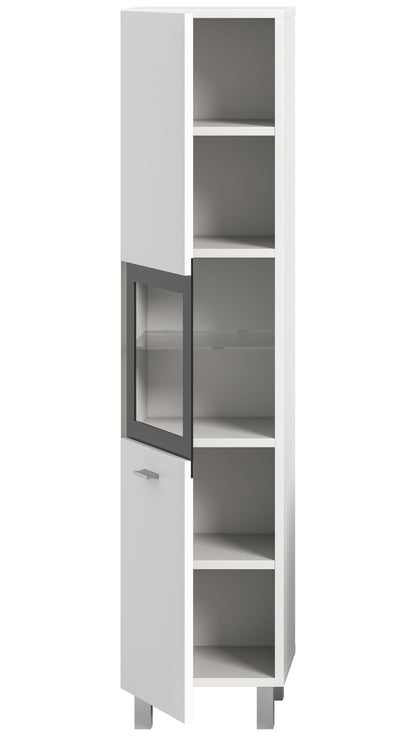 Weißer Badezimmerschrank mit offenen Regalfächern und Glastür im unteren Bereich