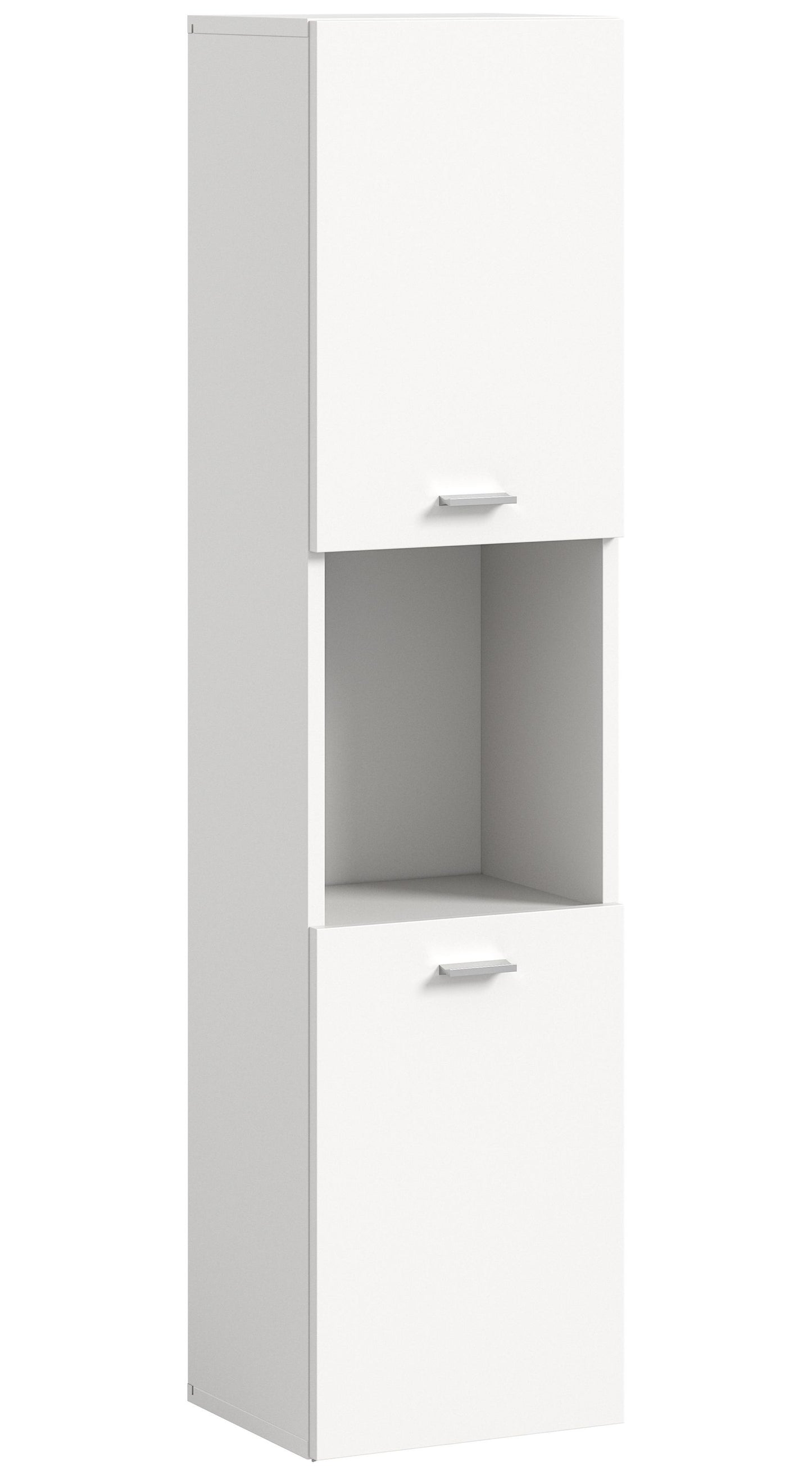 Weißer Badschrank mit offenem Fach und Schublade, seitliche Ansicht