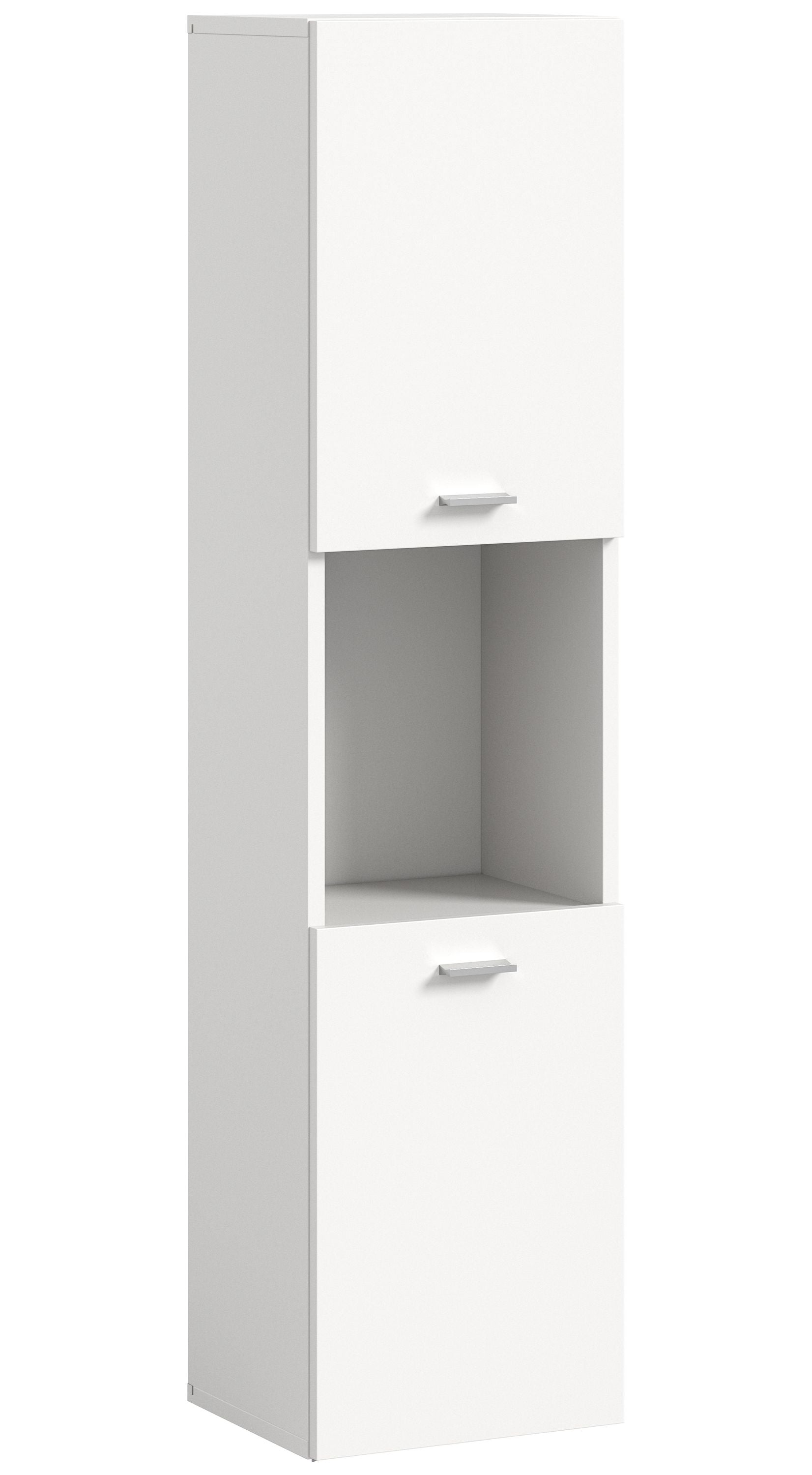 Weißer Badschrank mit offenem Fach und Schublade, seitliche Ansicht
