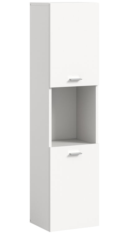 Weißer Badschrank mit offenem Fach und Schublade, seitliche Ansicht