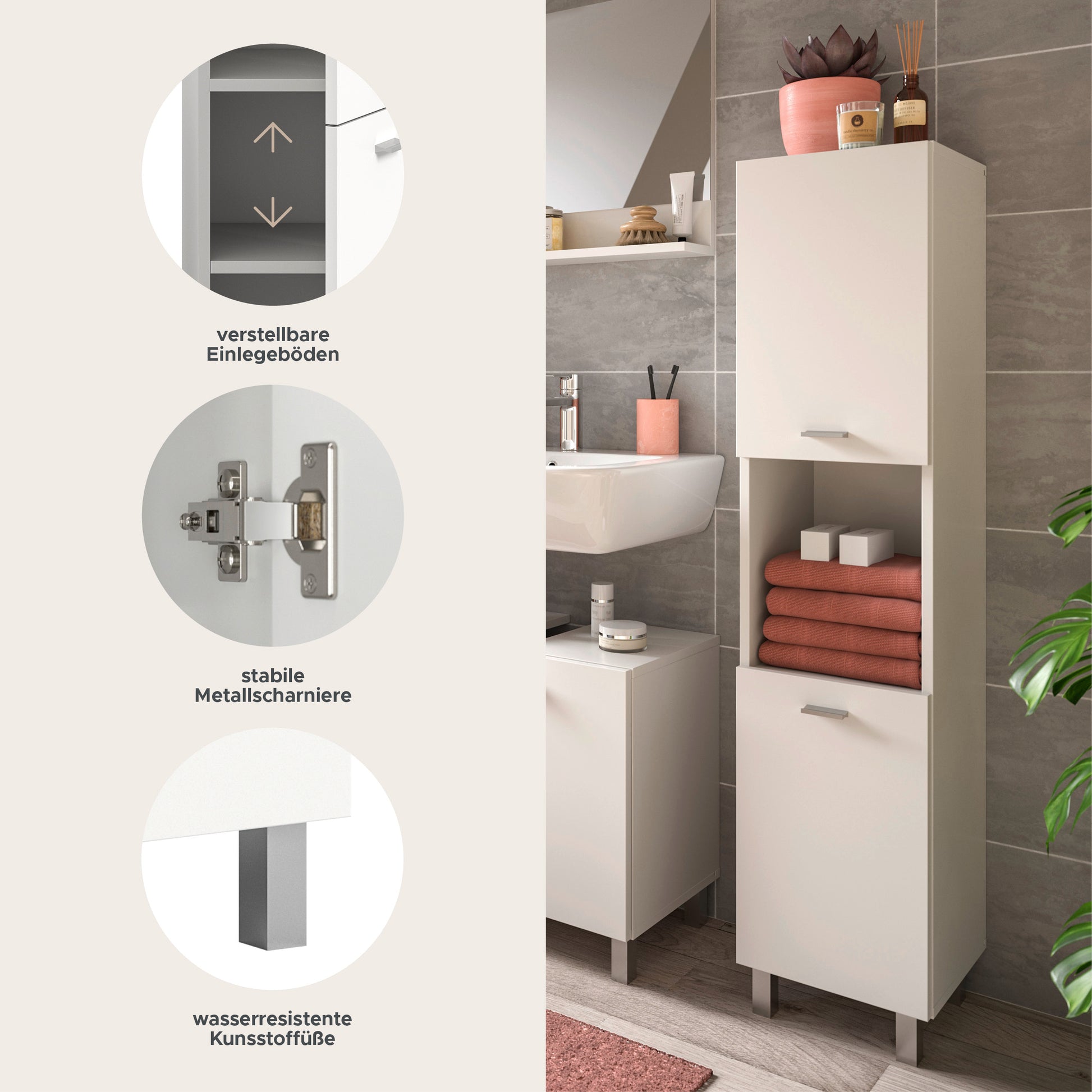 Weißer Badschrank mit offenen Fächern, verstellbaren Einlegeböden und Metallscharnieren