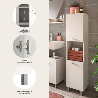 Weißer Badschrank mit offenen Fächern, verstellbaren Einlegeböden und Metallscharnieren