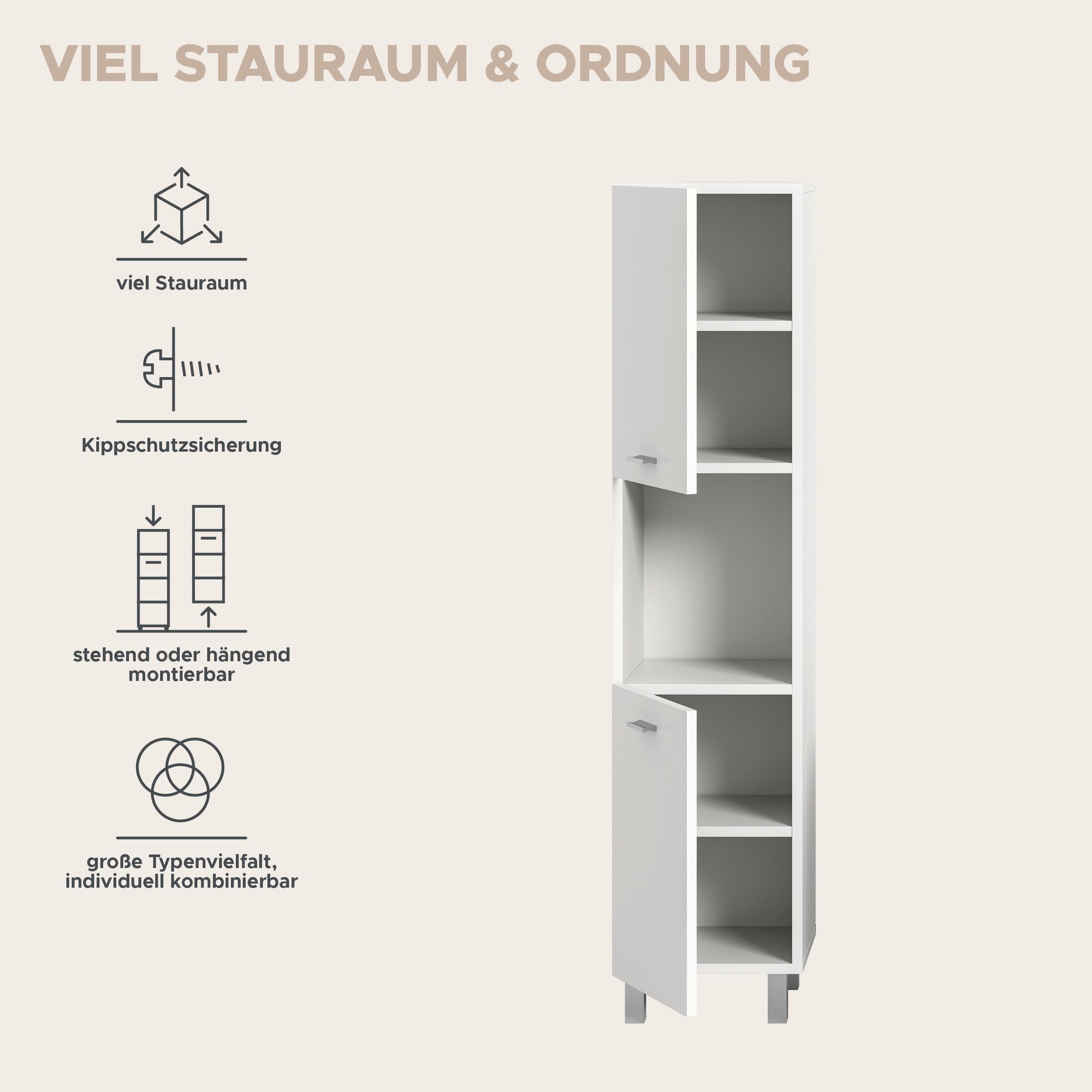 Infografik: weißer Badschrank, stehend oder hängend montierbar mit Kippschutz