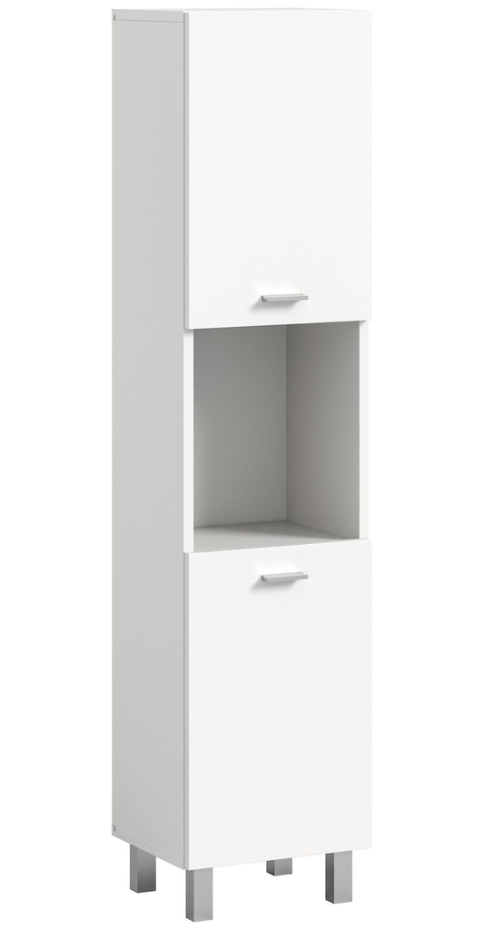 Weißer Badschrank mit offenem Fach und Schublade, stehend montierbar