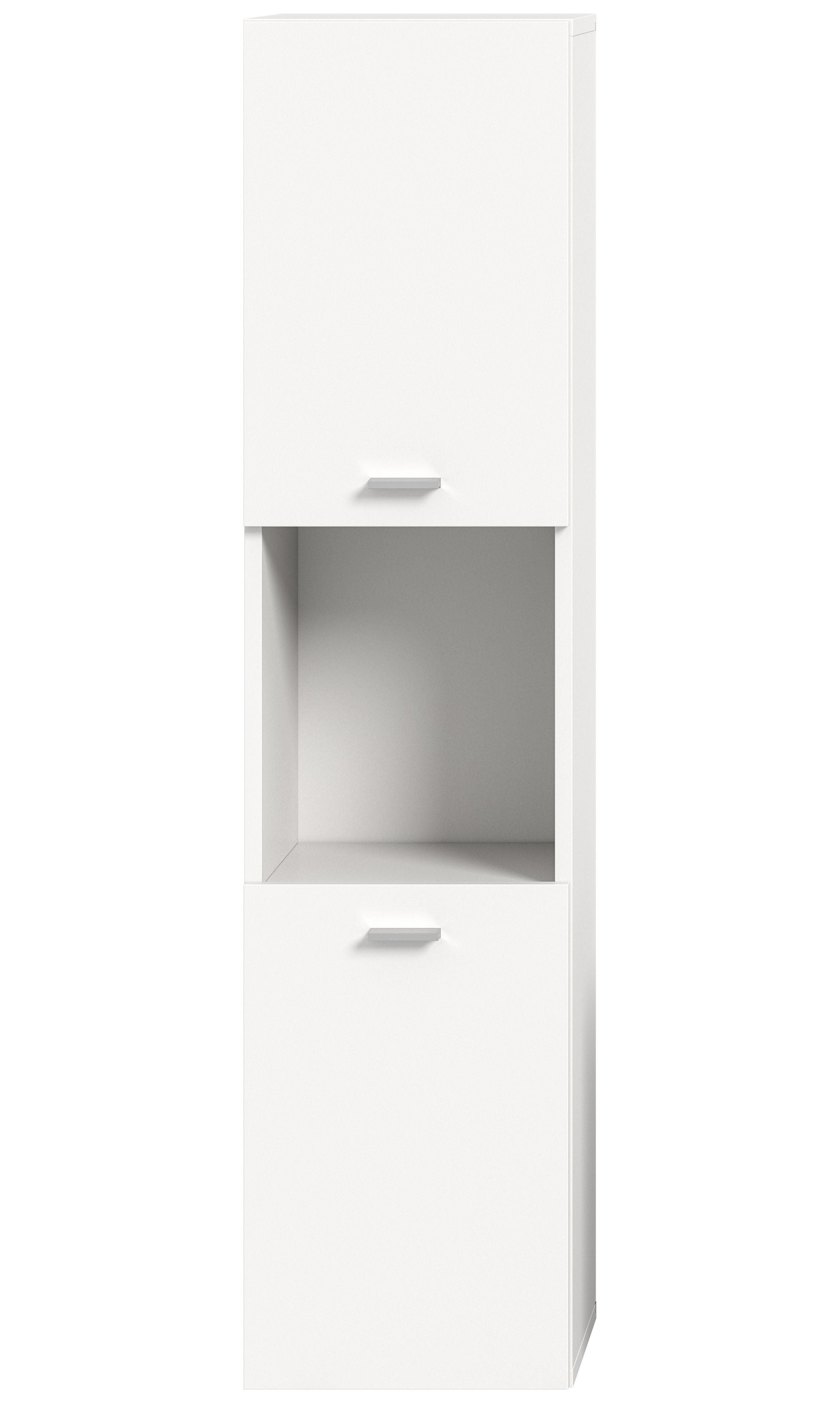 Weißer Badezimmerschrank mit offenem Innenfach und Schublade, schmaler Korpus