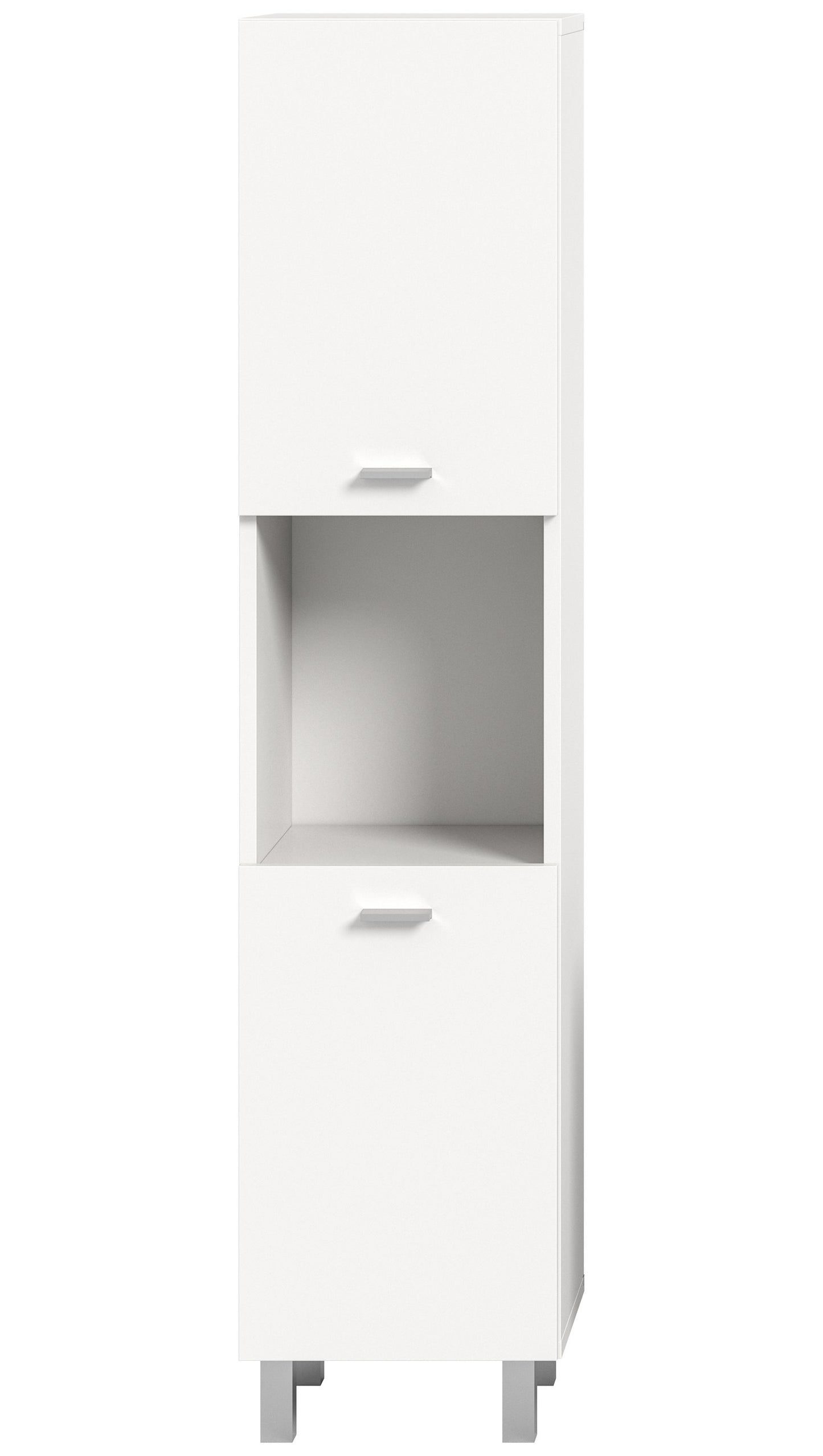 Weißer Badschrank mit integriertem offenen Fach und einer Schublade, freistehend