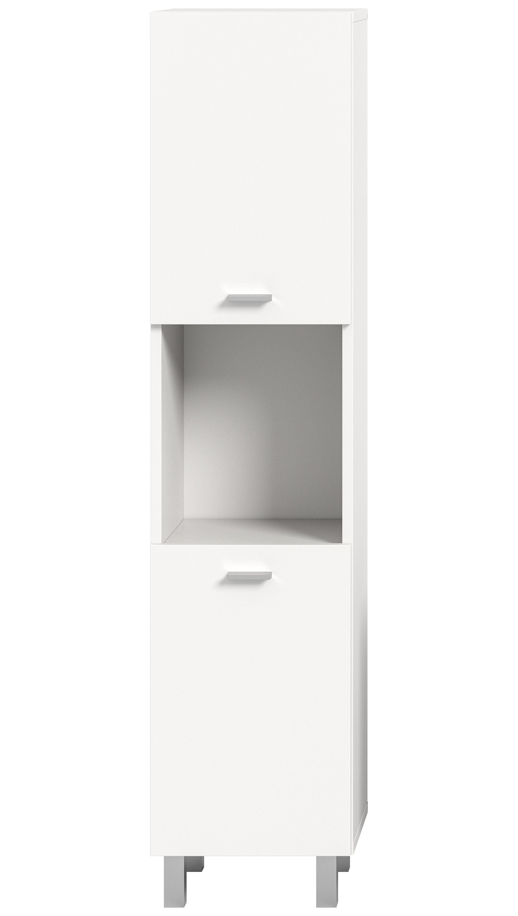Weißer Badschrank mit integriertem offenen Fach und einer Schublade, freistehend