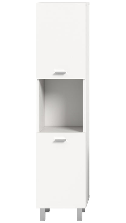 Weißer Badschrank mit integriertem offenen Fach und einer Schublade, freistehend