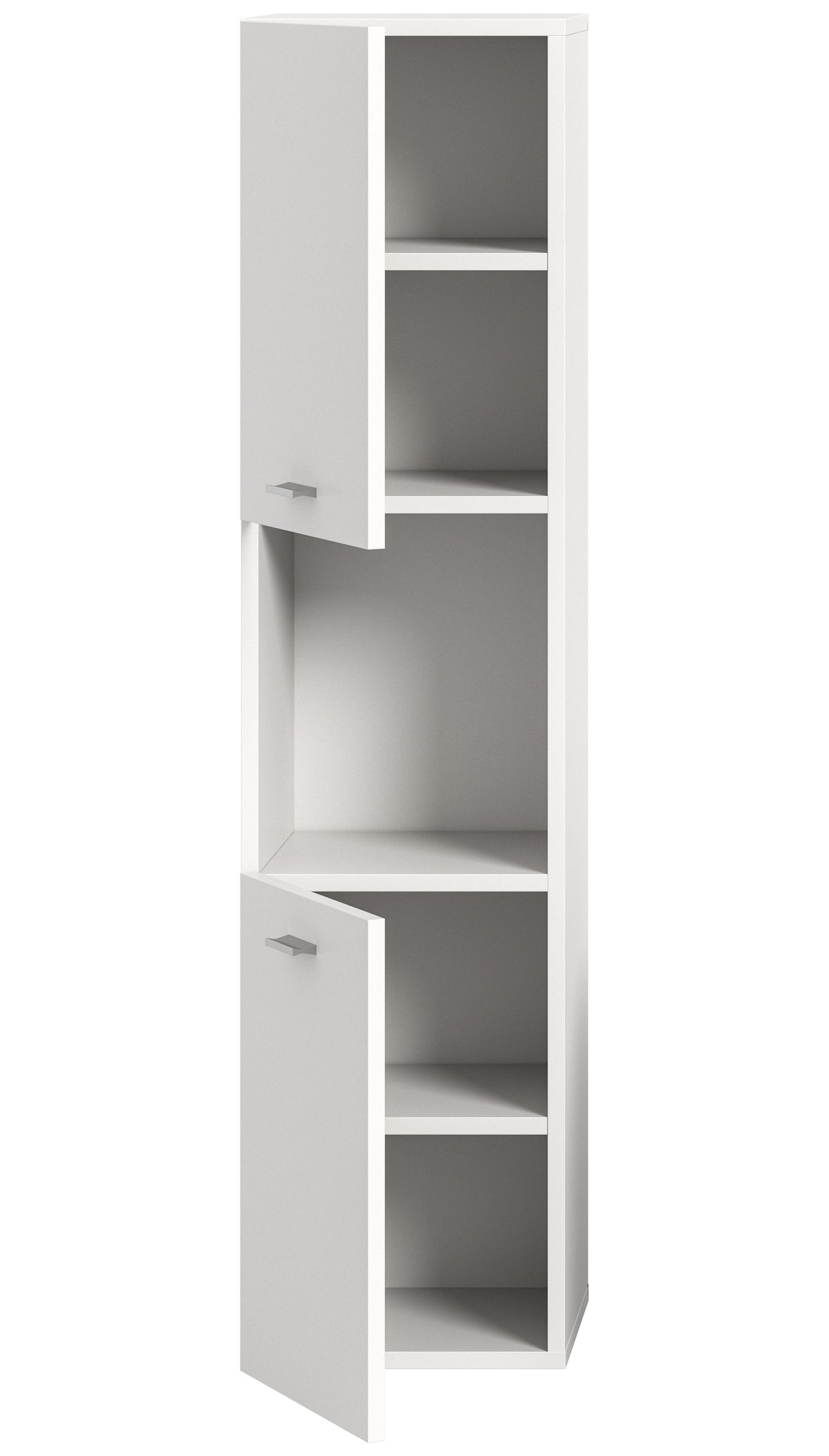 Weißer Badschrank mit offenen Fächern, Schubladen und seitlich montierten Griffen
