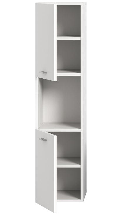 Weißer Badschrank mit offenen Fächern, Schubladen und seitlich montierten Griffen