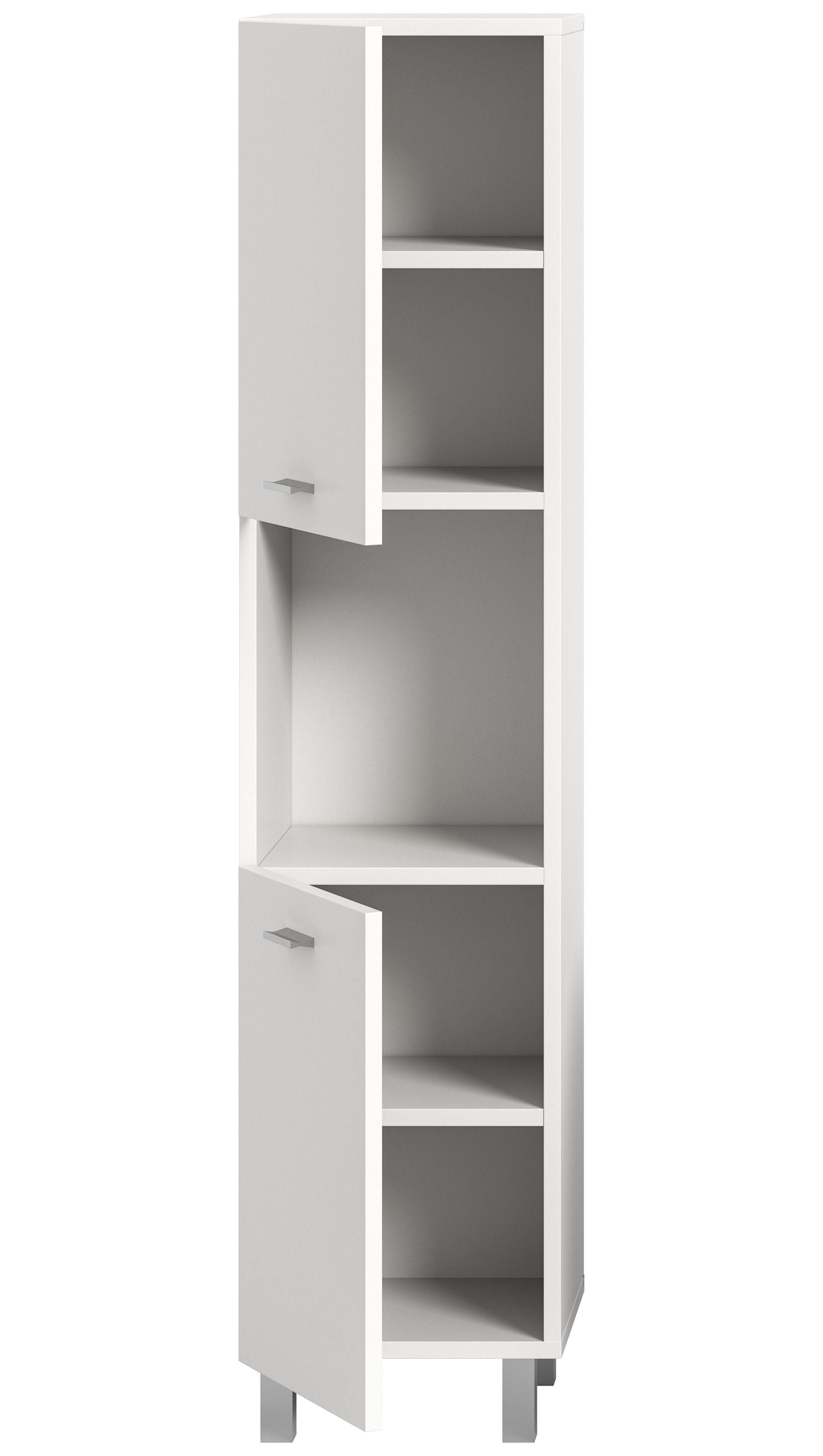 Weißer Badezimmerschrank mit offenen Fächern, Schubladen und Griffen